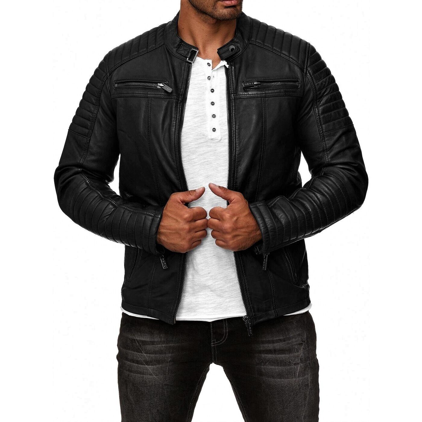 Men Black Sheep Leather Jacket Racer Motorcycle