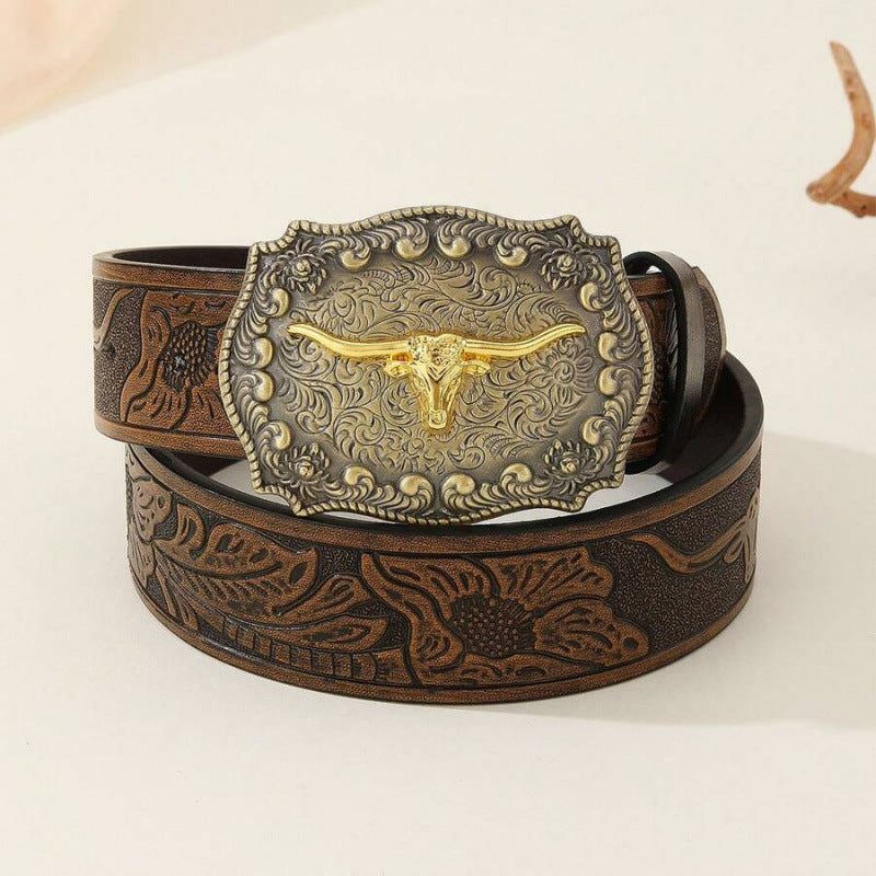 Men’s Western Longhorn Cowboy Leather Belt