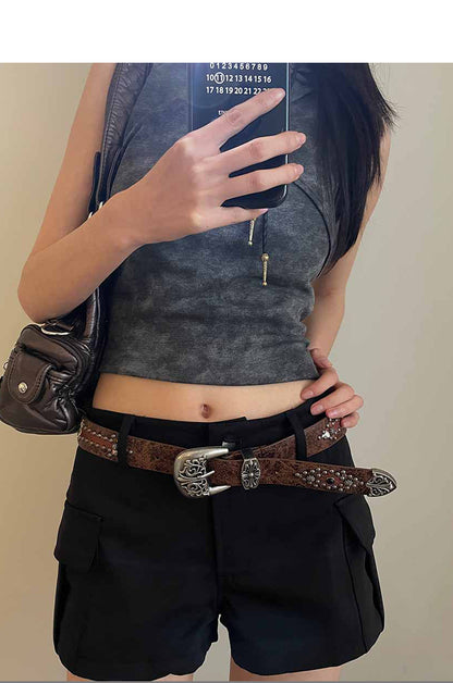 Retro western rivet belt women brown waist chain floral design 6