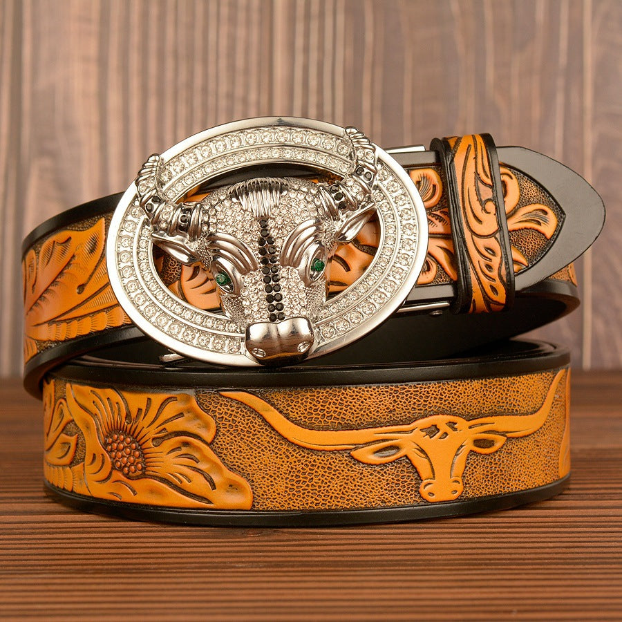 Men’s Leather Cowboy Belt with Bull Head Buckle