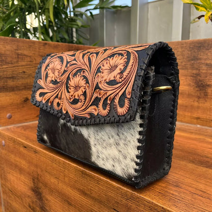 Black White Cowhide Tooled Leather Crossbody Purse