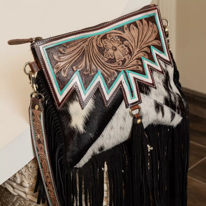 Tooled Leather Cowhide Crossbody Bag Fringe