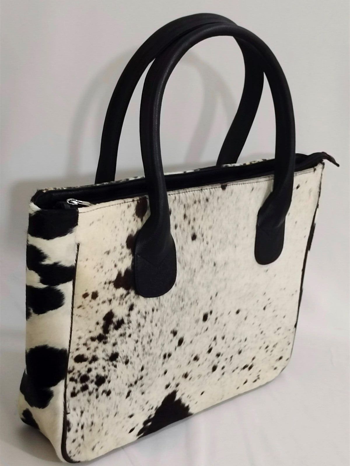 Large black white cowhide tote purse