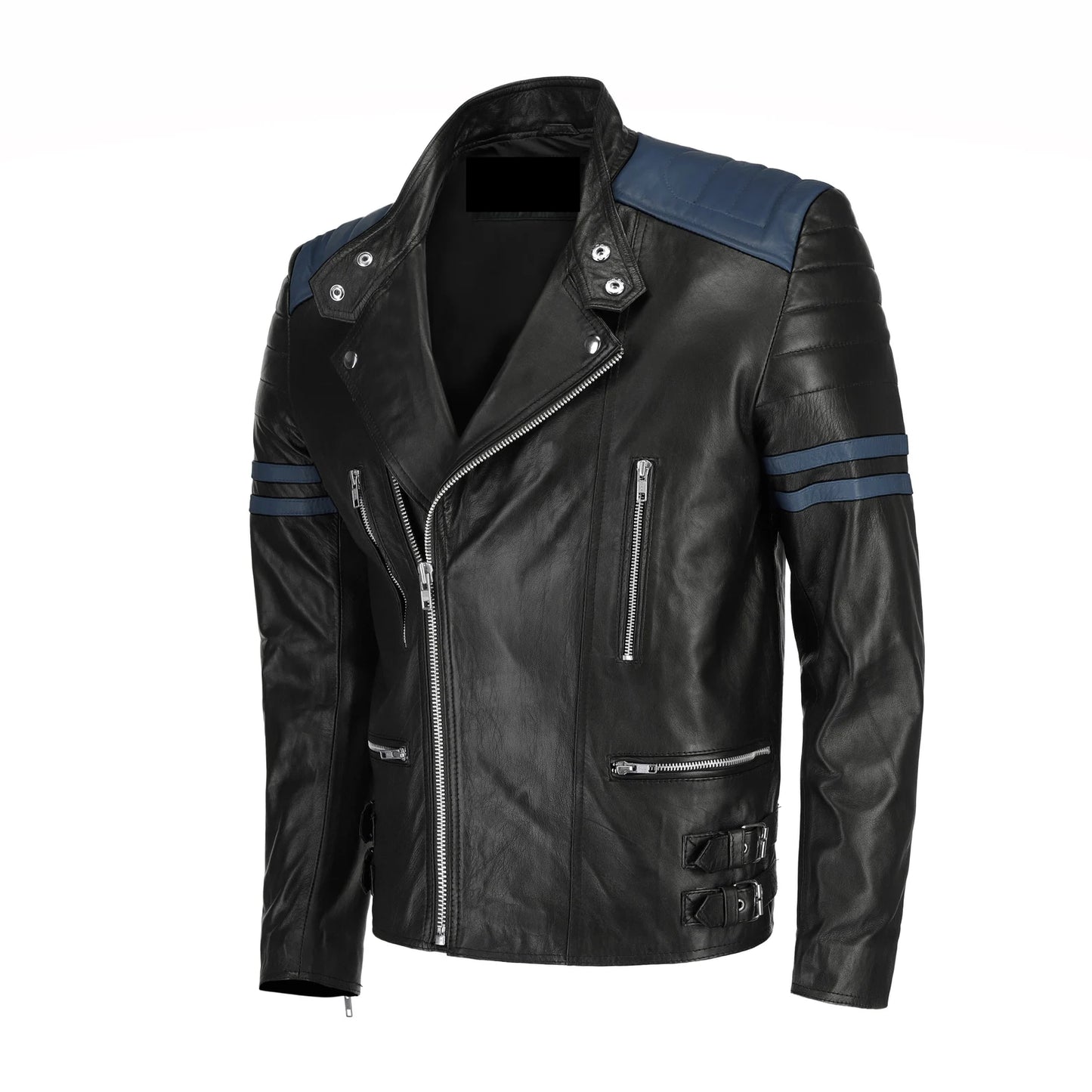 Blue And Black Biker Style Leather Jacket