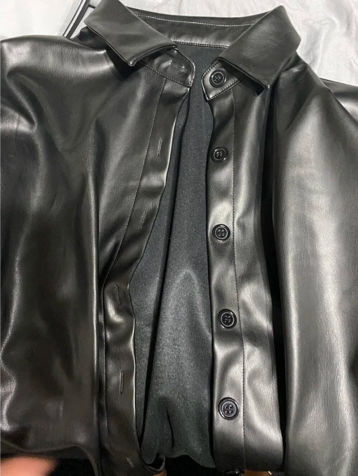 Drop Shoulder Black Leather Shirt Coat