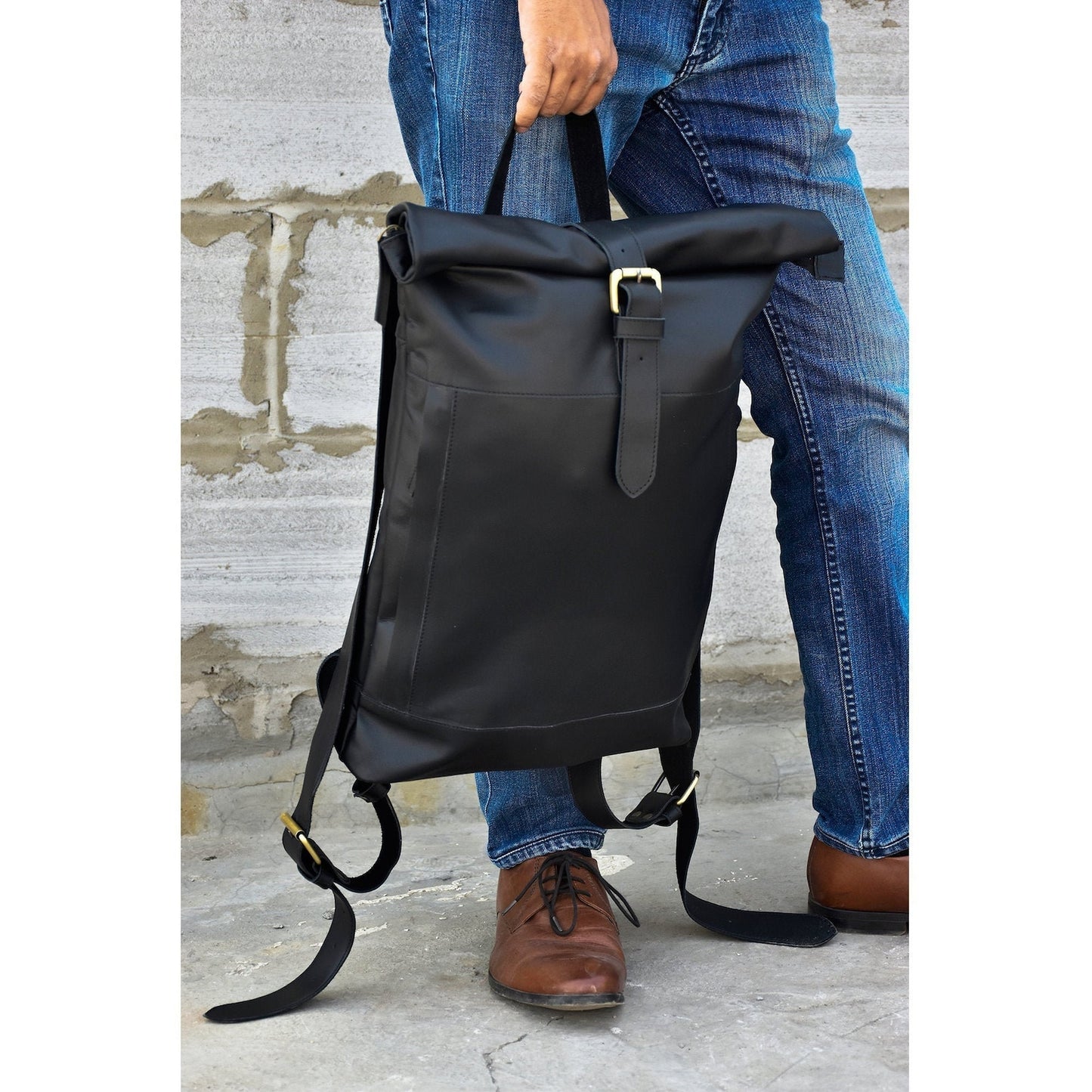 Real leather roll top backpack rucksack