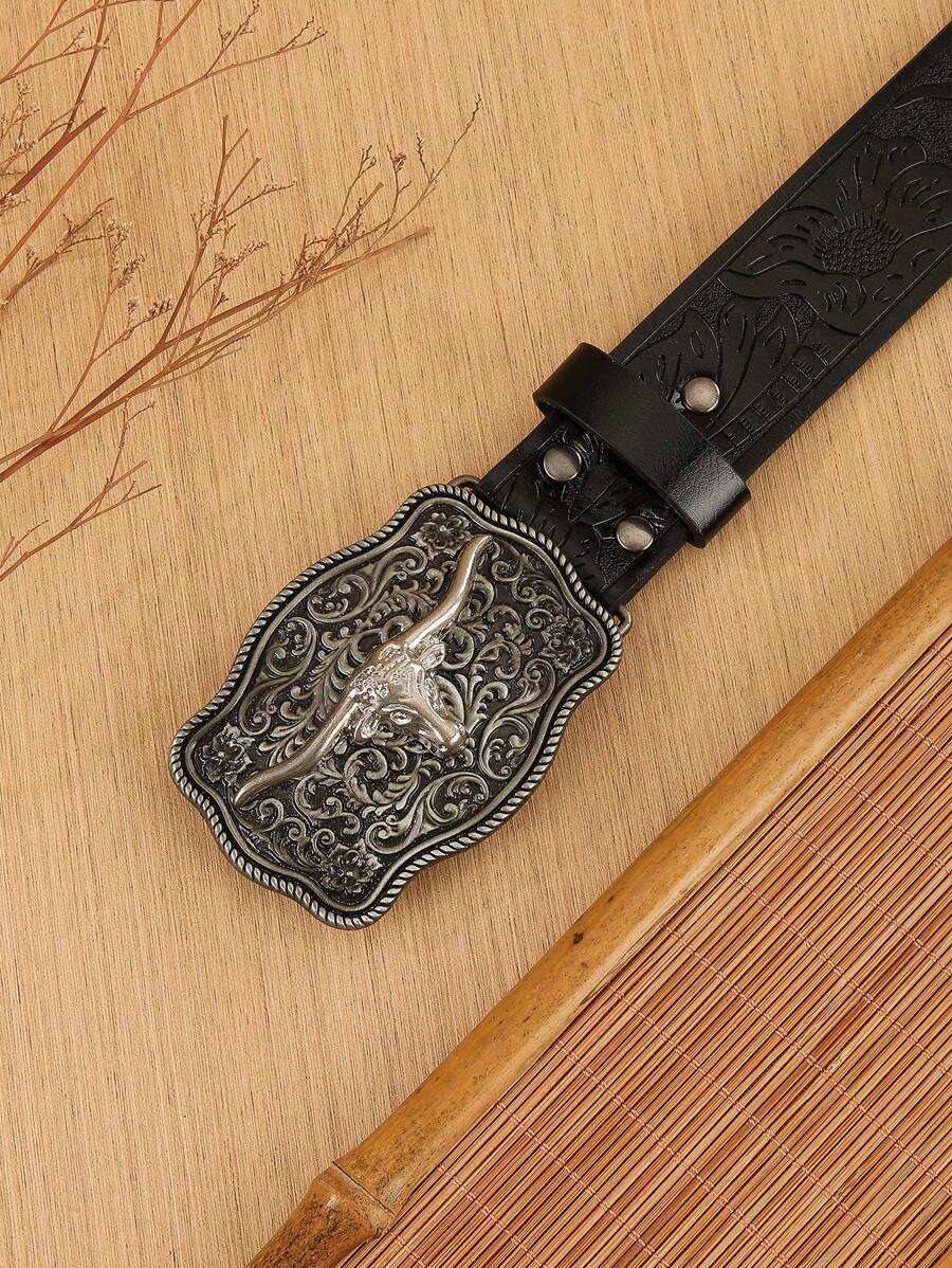 Western Longhorn Buckle Leather Belt for Men
