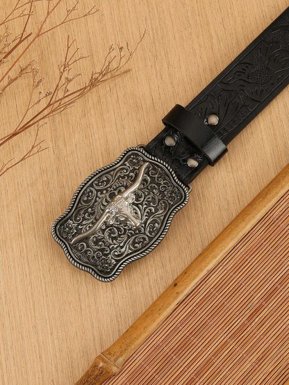 Western Longhorn Buckle Leather Belt for Men
