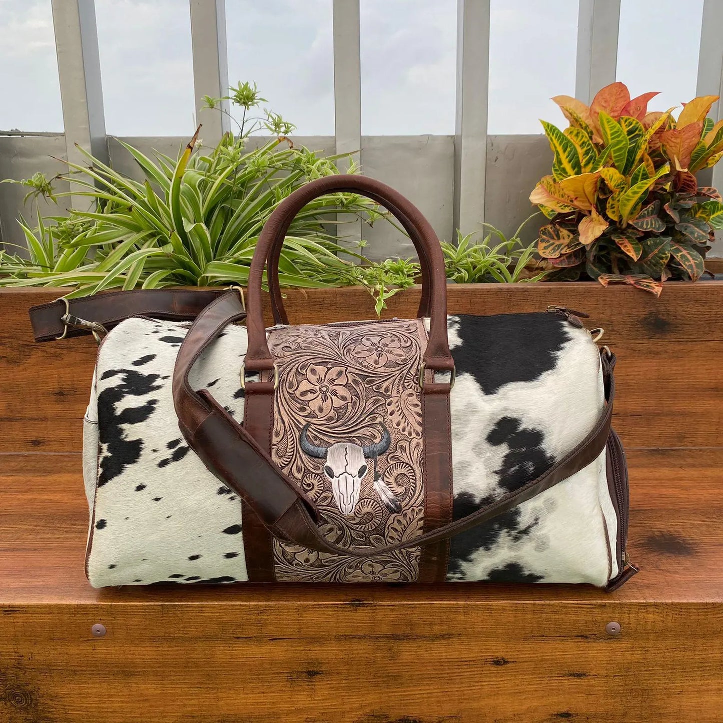 Cowhide Luggage Duffle Bag With Tooled Leather