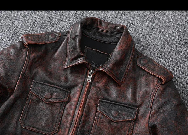 Men’s Distressed Oil Wax Leather Jacket Slim Fit