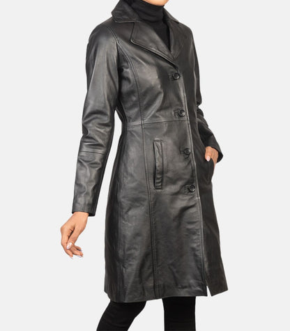 Women's Black Leather Trench Long Coat