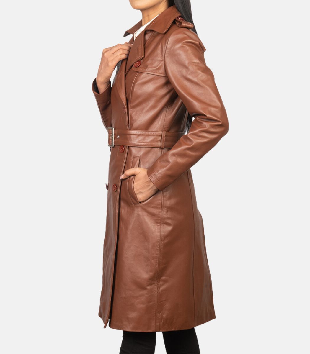 Brown Leather Women Trench Coat