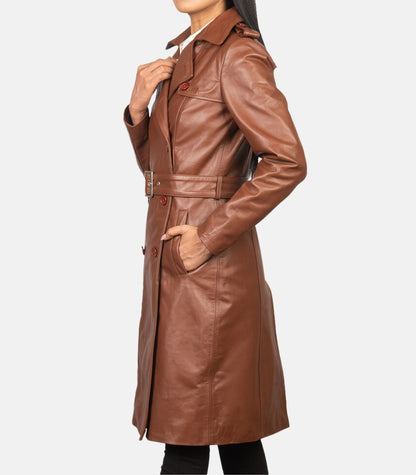 Brown Leather Women Trench Coat