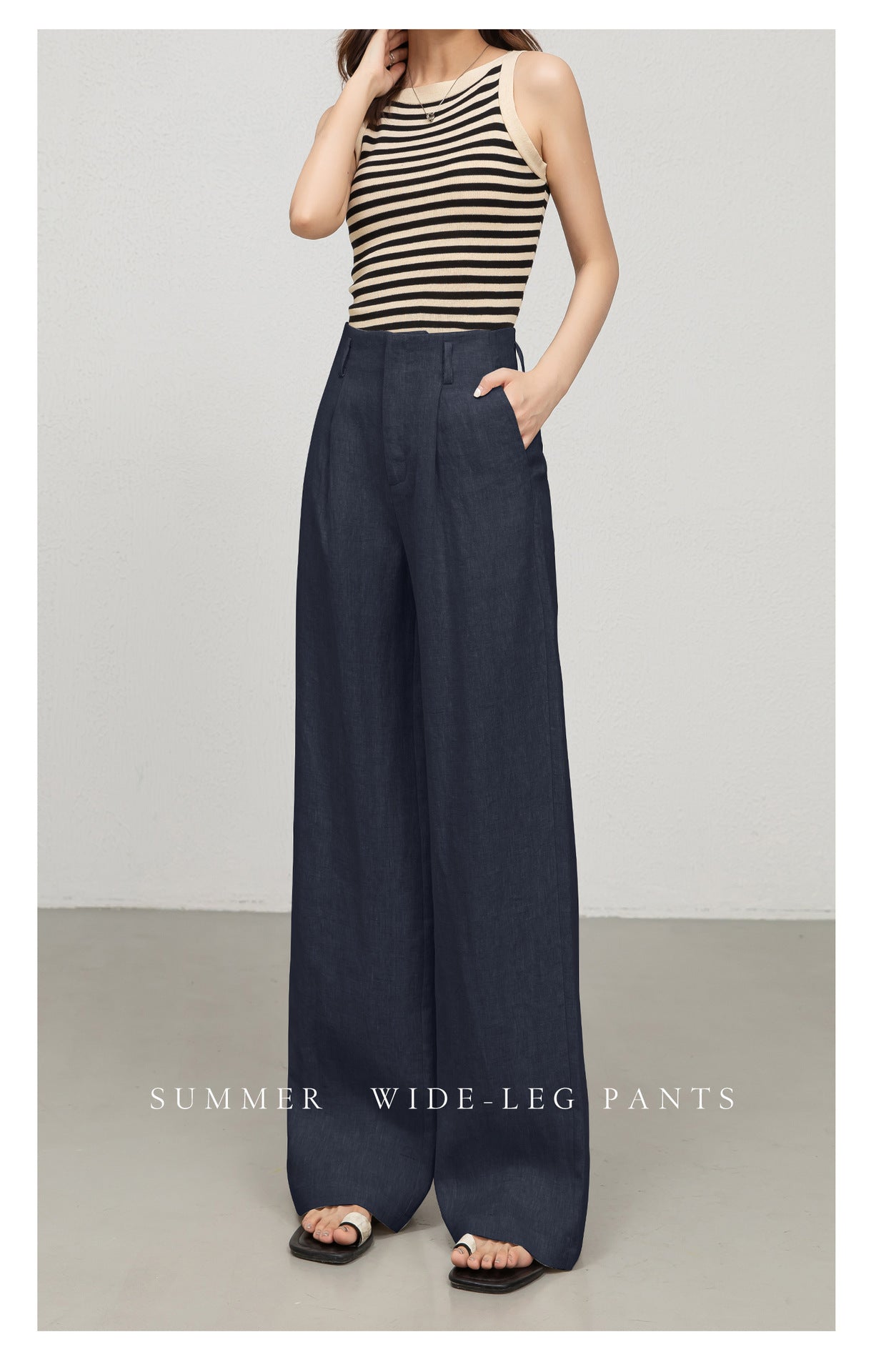 High waist women linen pants with wide leg