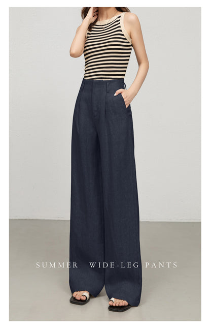 High waist women linen pants with wide leg