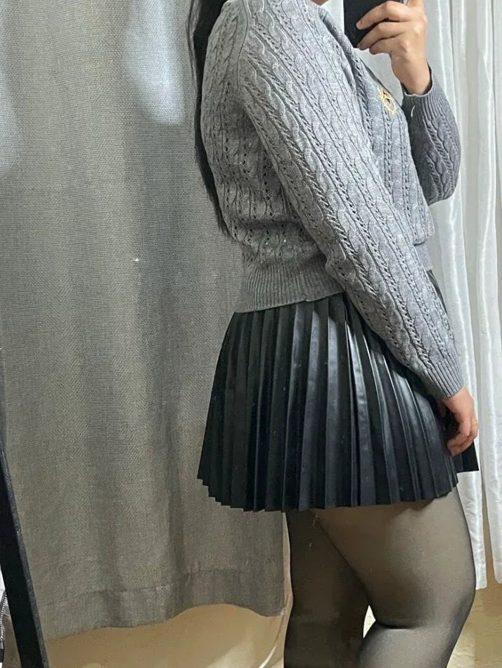 Elegant Moments L6150 Leather Pleated Mini Skirt with Side Zipper & Buckle Detail in Black