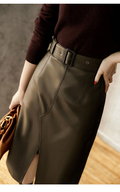 Olive Green Sheepskin Mid Length Leather Skirt with Belt and Slit