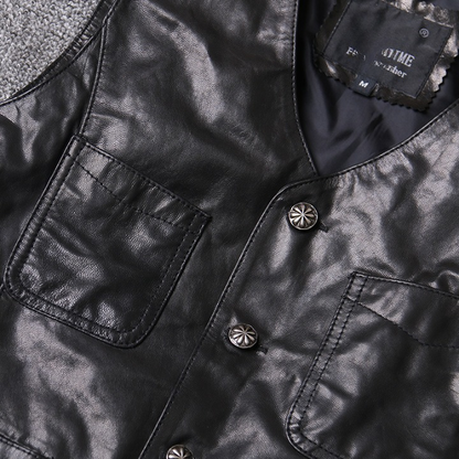 Men Leather Vest Sheepskin Black V-Neck Button Waistcoat