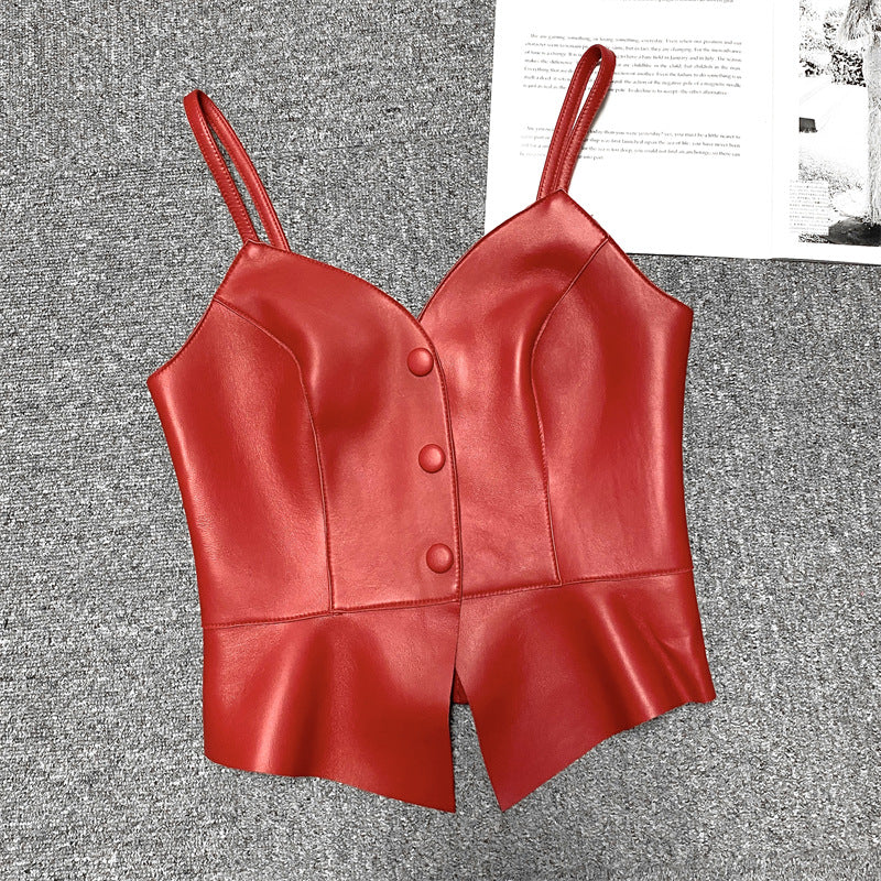 Women Genuine Leather Tube Top Black Bustier with Straps