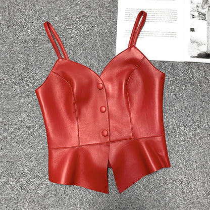 Women Genuine Leather Tube Top Black Bustier with Straps