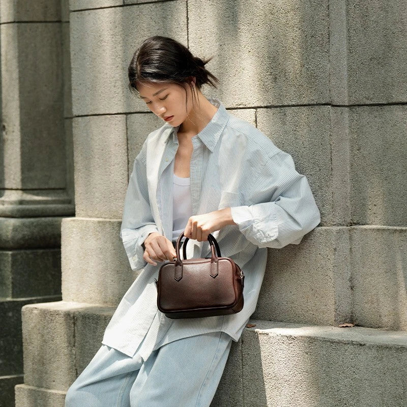 Genuine Leather Mini Bowling Crossbody Bag for Women