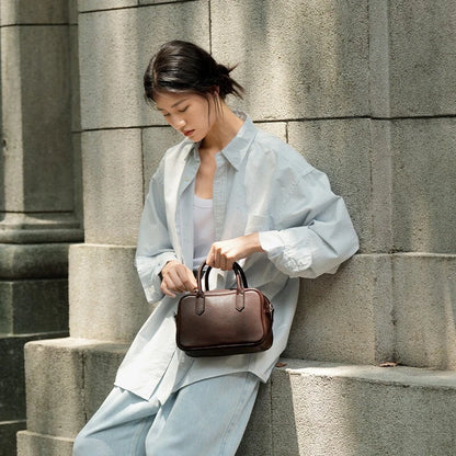Genuine Leather Mini Bowling Crossbody Bag for Women