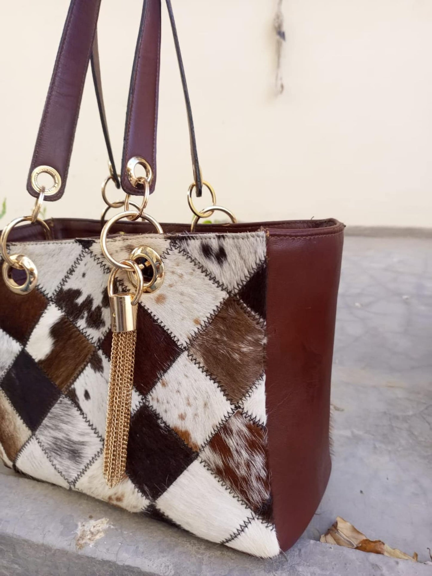 Genuine Cowhide Patchwork Tote Purse