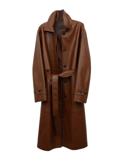 Brown Leather Trench Coat for Women with Belted Waist