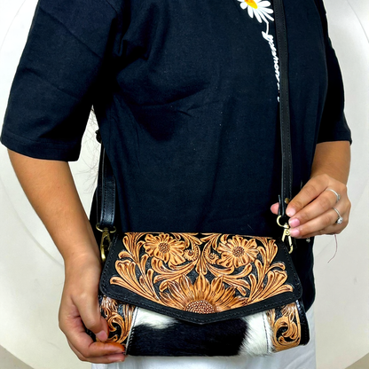 Hand tooled cowhide leather crossbody mini bag