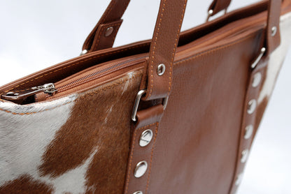 Brown white cowhide leather tote bag