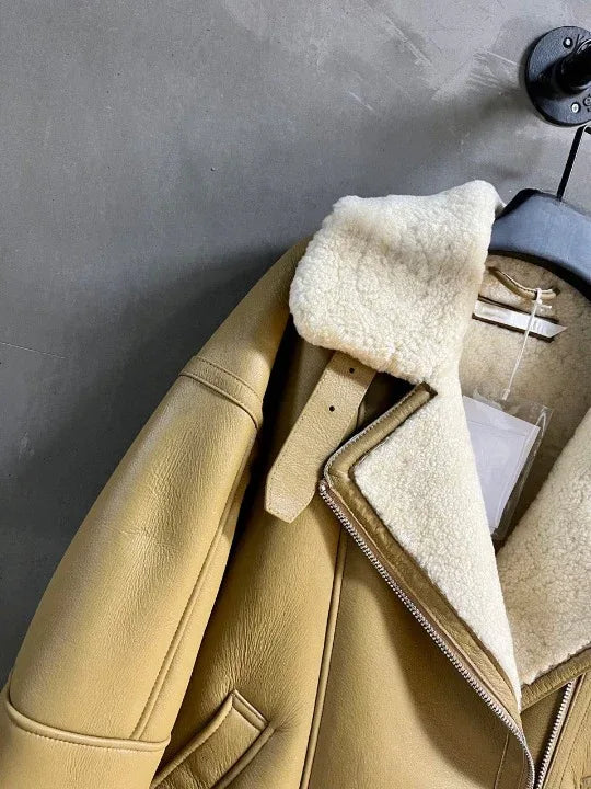 Women Shearling Leather Jacket Real Wool Lining