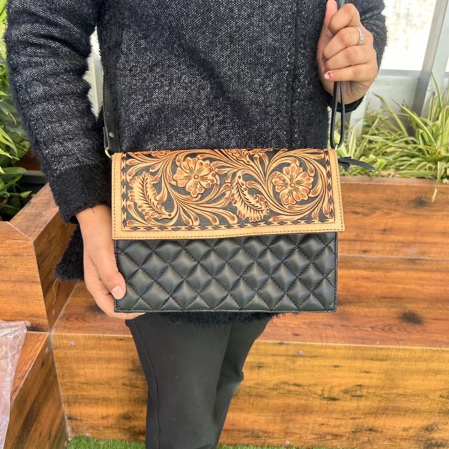 Quilted tooled leather crossbody bags