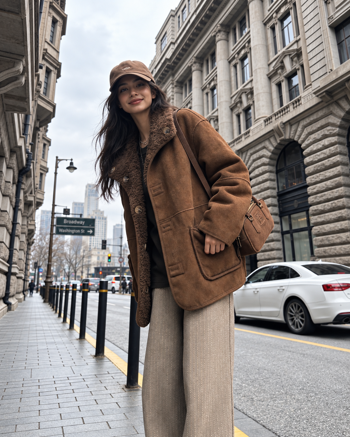 Women's Fur Coat Reversible Lambswool Style in Brown Sheep Wool