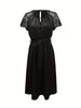 Black Lace Sleeve A-Line Evening Dress With Waist Tie