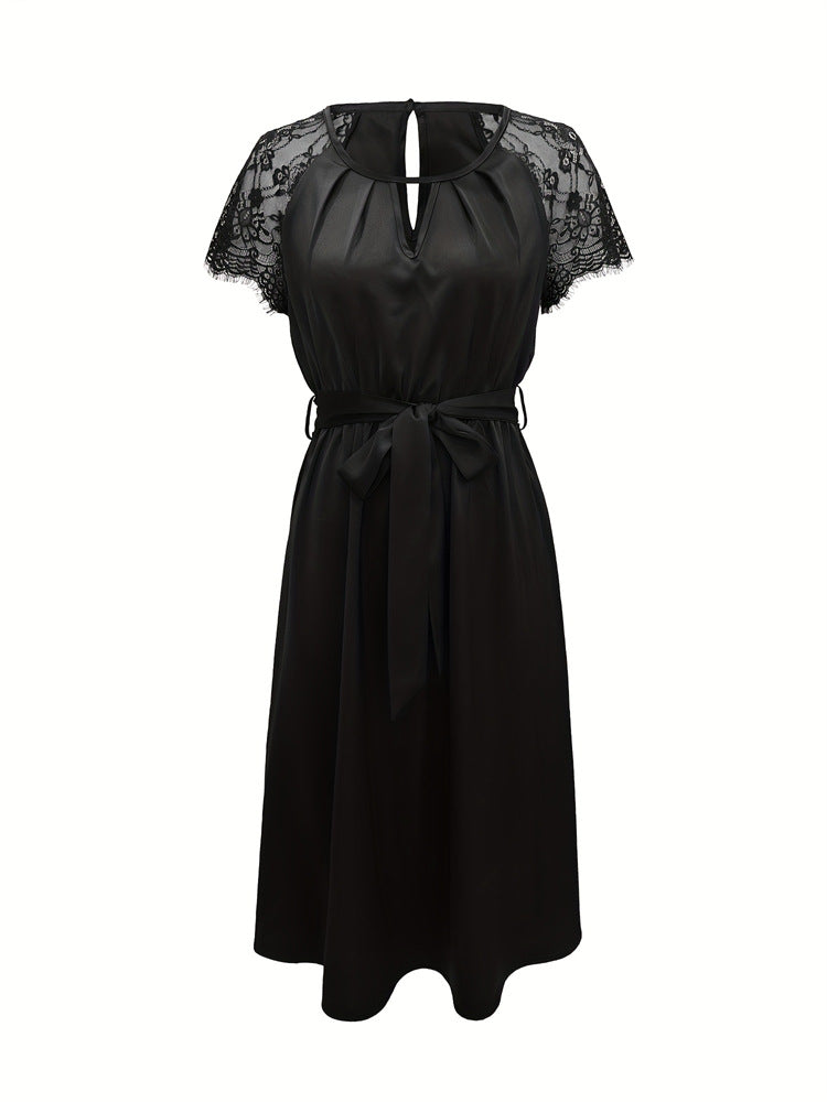 Black Lace Sleeve A-Line Evening Dress With Waist Tie
