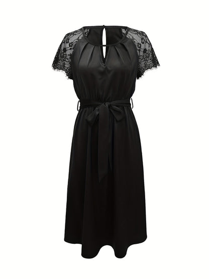 Black Lace Sleeve A-Line Evening Dress With Waist Tie