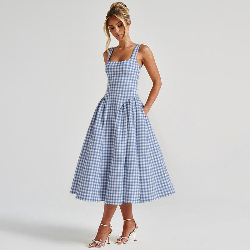 Gingham French Style Plaid Midi Princess Dress