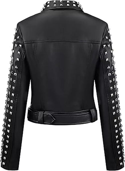 Women's with metal studded motor bike leather jacket