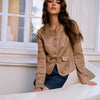 Brown Faux Suede Jacket Women’s Round Neck Short