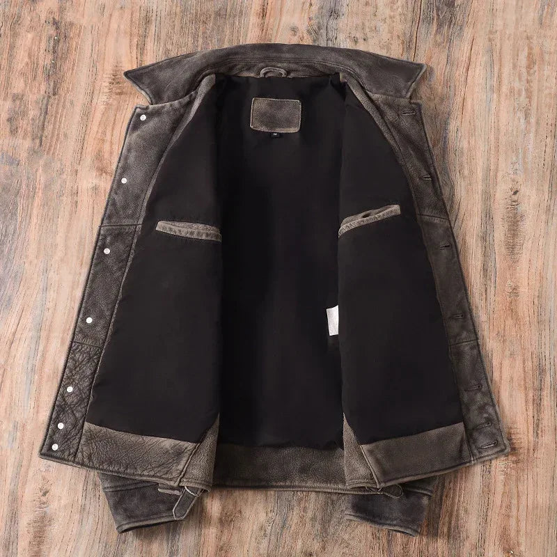 Men Distressed Cowhide Leather Trucker Jacket