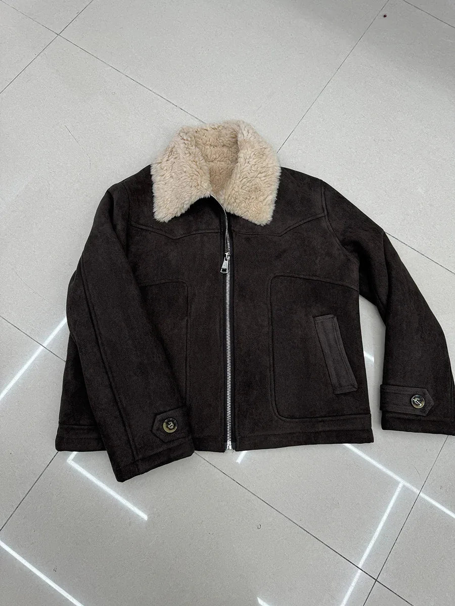 Women’s Suede Lambswool Fur Jacket Winter 4 S