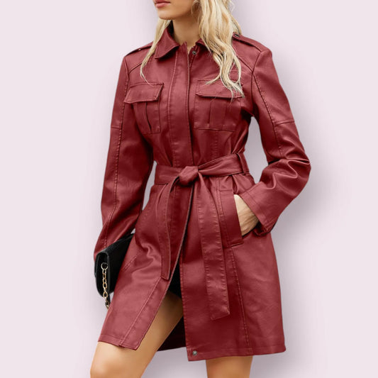 Women's Genuine Leather Trench Coat Jacket