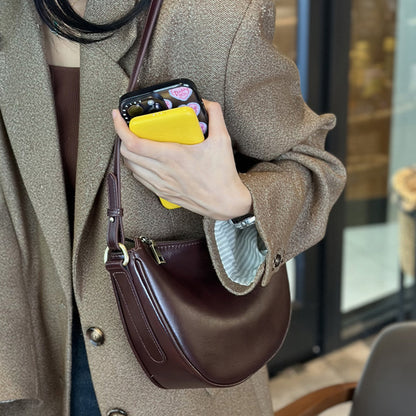 Leather Shoulder Bag Half-Moon Purse with Wide Strap