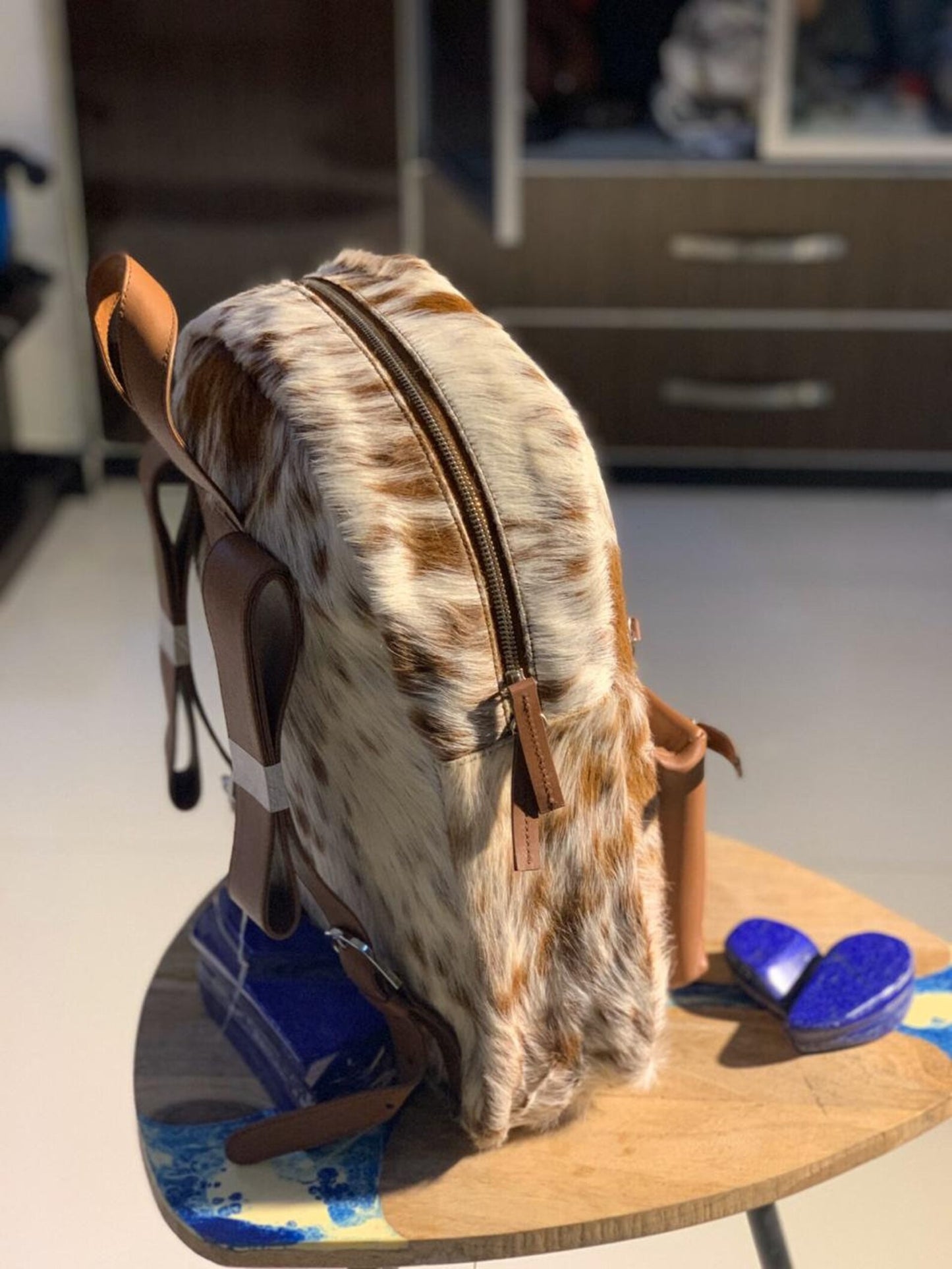 Brown White Cowhide Shoulder Backpack
