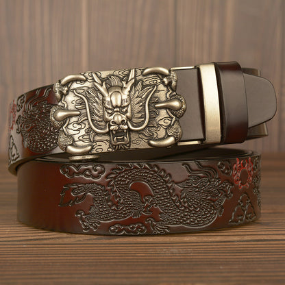 Men’s Genuine Cowhide Leather Belt with Double Dragon Oval Buckle