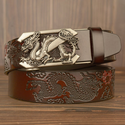 Men Dragon Leather Belt With Alloy Automatic Buckle