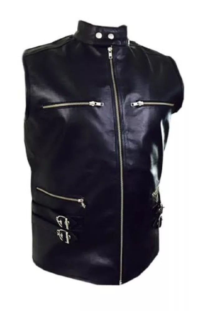 Men's Genuine Black Leather Biker Vest