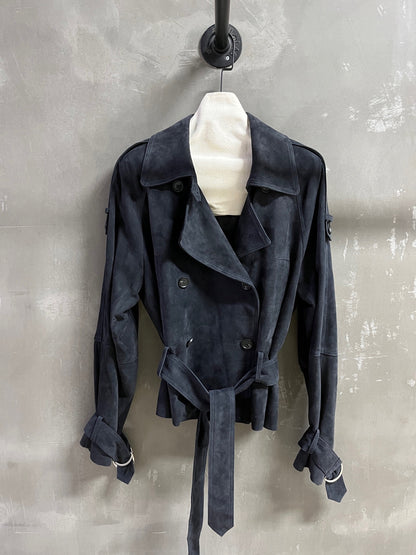 Women Suede Genuine Leather Trench Coat Jacket with Belt