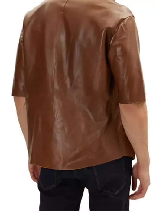 Round Neck Short Sleeve Leather Shirt