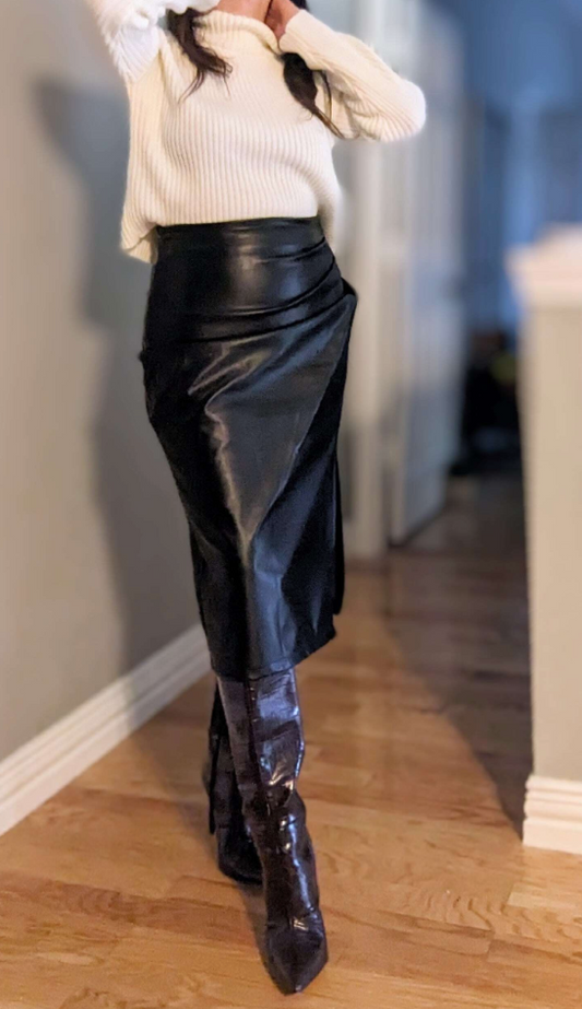 Split Thigh Real Leather High Waist Skirt